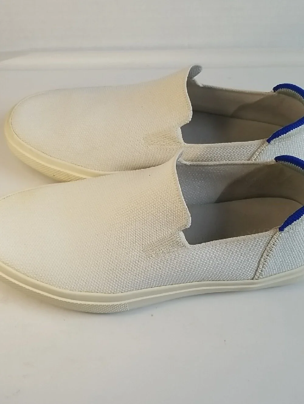 Rothy's White Slip-On Knit Loafers with Blue Heel Tab For Women and Men
